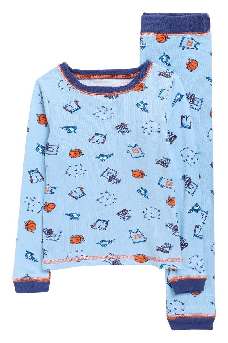 Kids' Basketball Print Fitted Two-Piece Pajamas, Main, color, BLUE