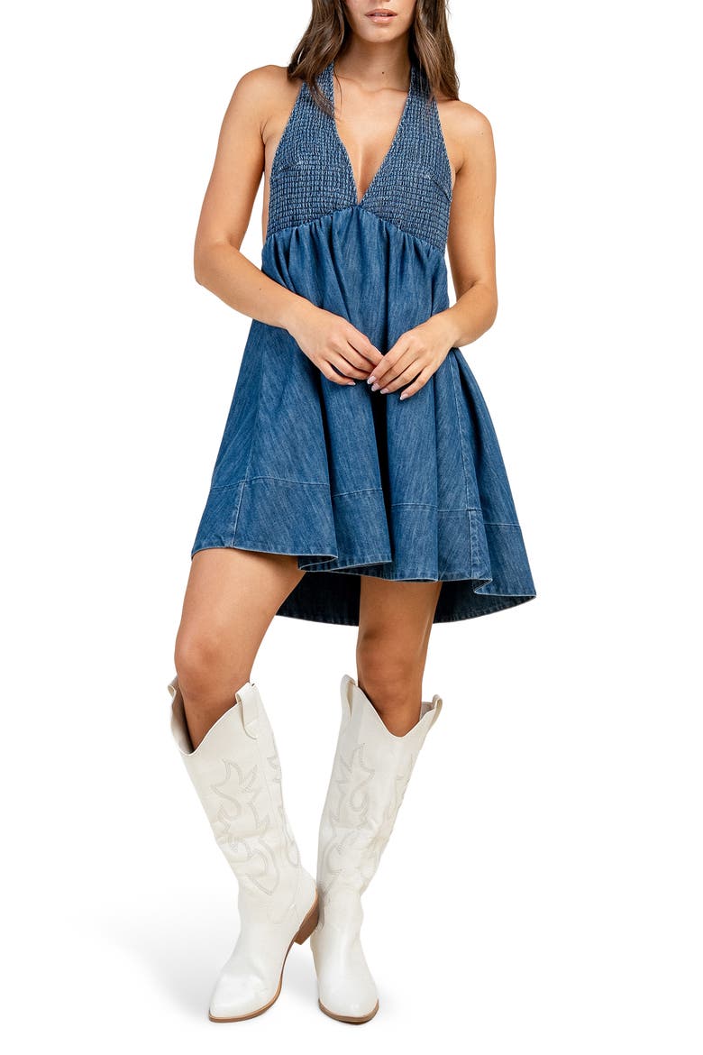 Smocked V-Neck Denim Dress, Main, color, MEDIUM BLUE