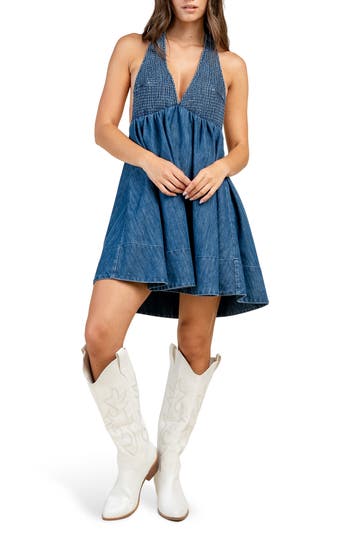 Collabo Smocked V-Neck Denim Dress in Medium Blue at Nordstrom Rack, Size Small