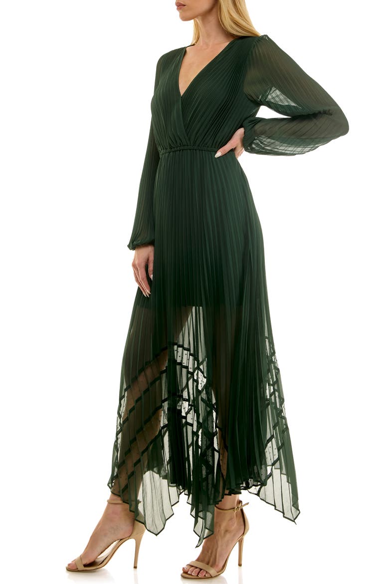 Long Sleeve Lace Inset Pleated Chiffon Dress, Alternate, color, DEEP HUNTER