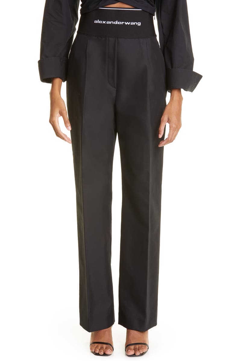 Alexander Wang Logo Waist Cotton Twill Wide Leg Pants, Main, color,
