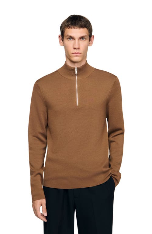 Sandro Wool Sweater With Zip Collar In Brown