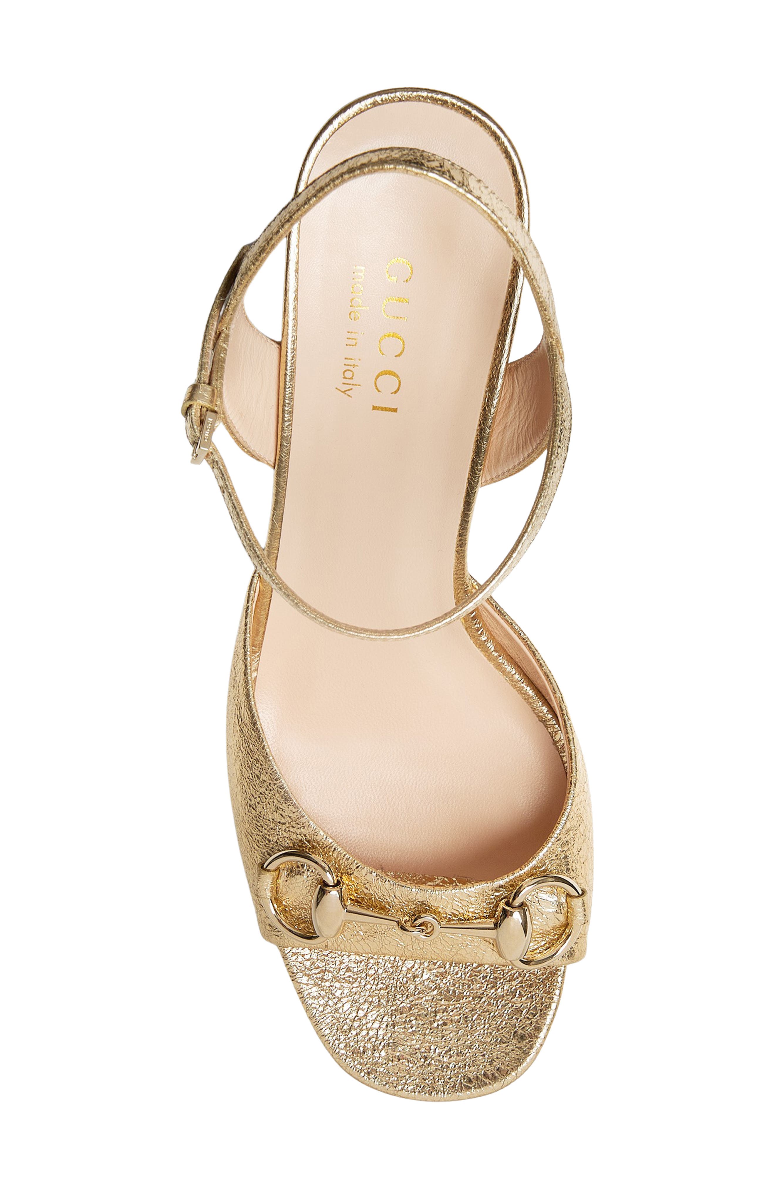 Gucci Lady Horsebit Metallic Ankle Strap Sandal, Alternate, color, Sun