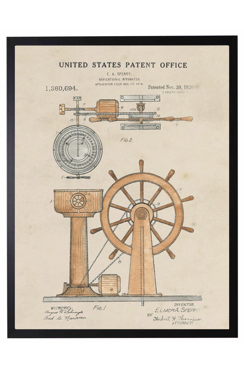 Antique Curiosities Ship Wheel Patent in Black Frame, Main, color, NO COLOR
