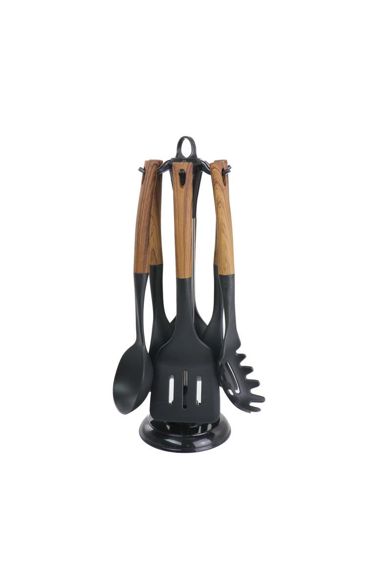Megachef Nylon Cooking Utensils with Wood Design, Set of 7, Main, color, Black