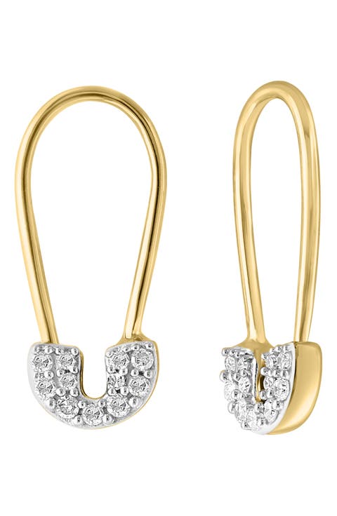14k Gold Plated Diamond Safety Pin Drop Earrings