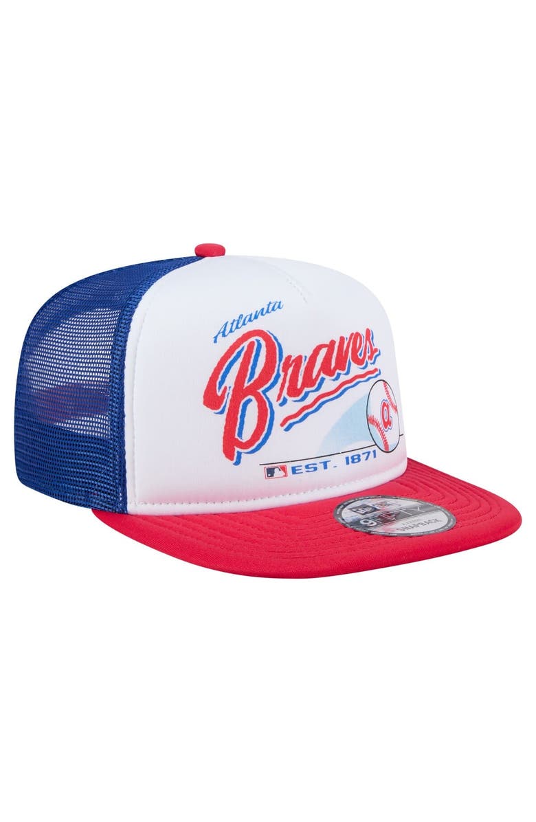 New Era Men's New Era White/Red Atlanta Braves Retro Script Trucker 9FIFTY Snapback Hat, Alternate, color, 