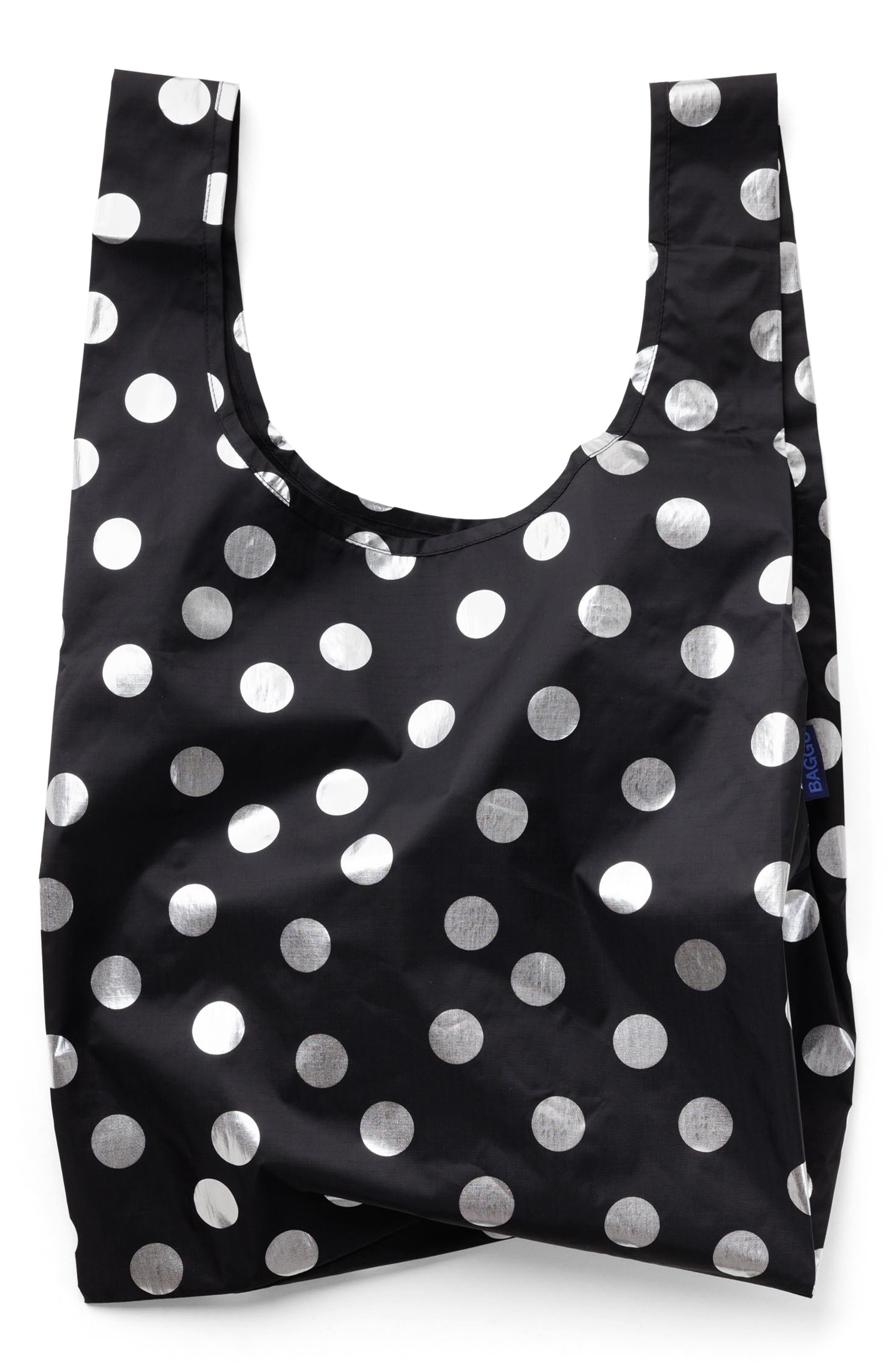 Standard Baggu Reusable Nylon Tote, Main, color, SILVER METALLIC POLKA DOT