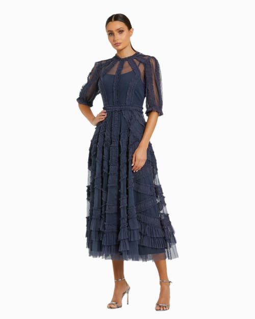 Mac Duggal High Neck Puff Sleeve Ruffle Tiered Dress in Midnight 