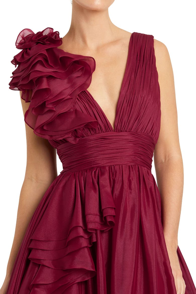 Petite Ruffle Shoulder V-Neck Chiffon Gown, Alternate, color, Wine