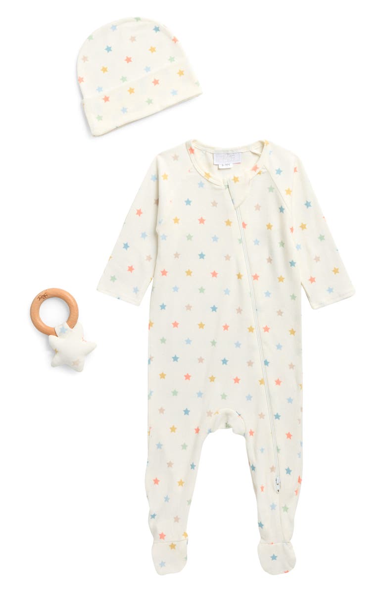 Toby Rainbow Stars Footie, Hat & Teether Set, Main, color, White