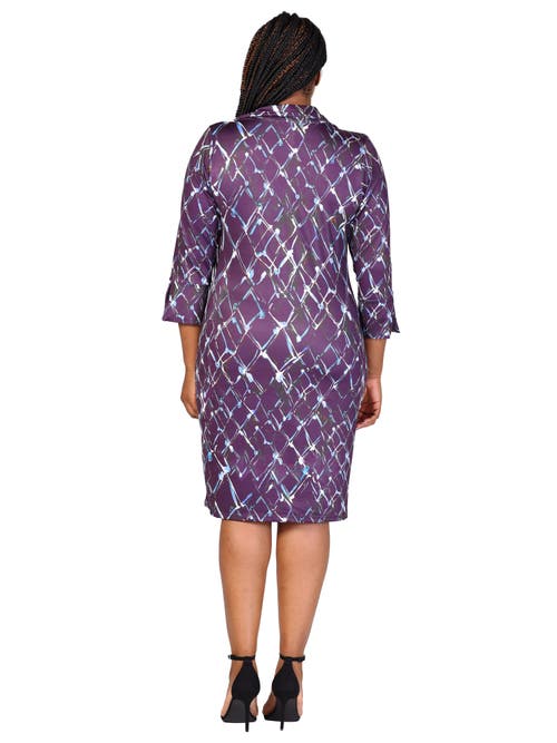 24seven Comfort Apparel Plus Size  Purple Geometric Print Three Quarter Sleeve Collar Mini Dress In Purple