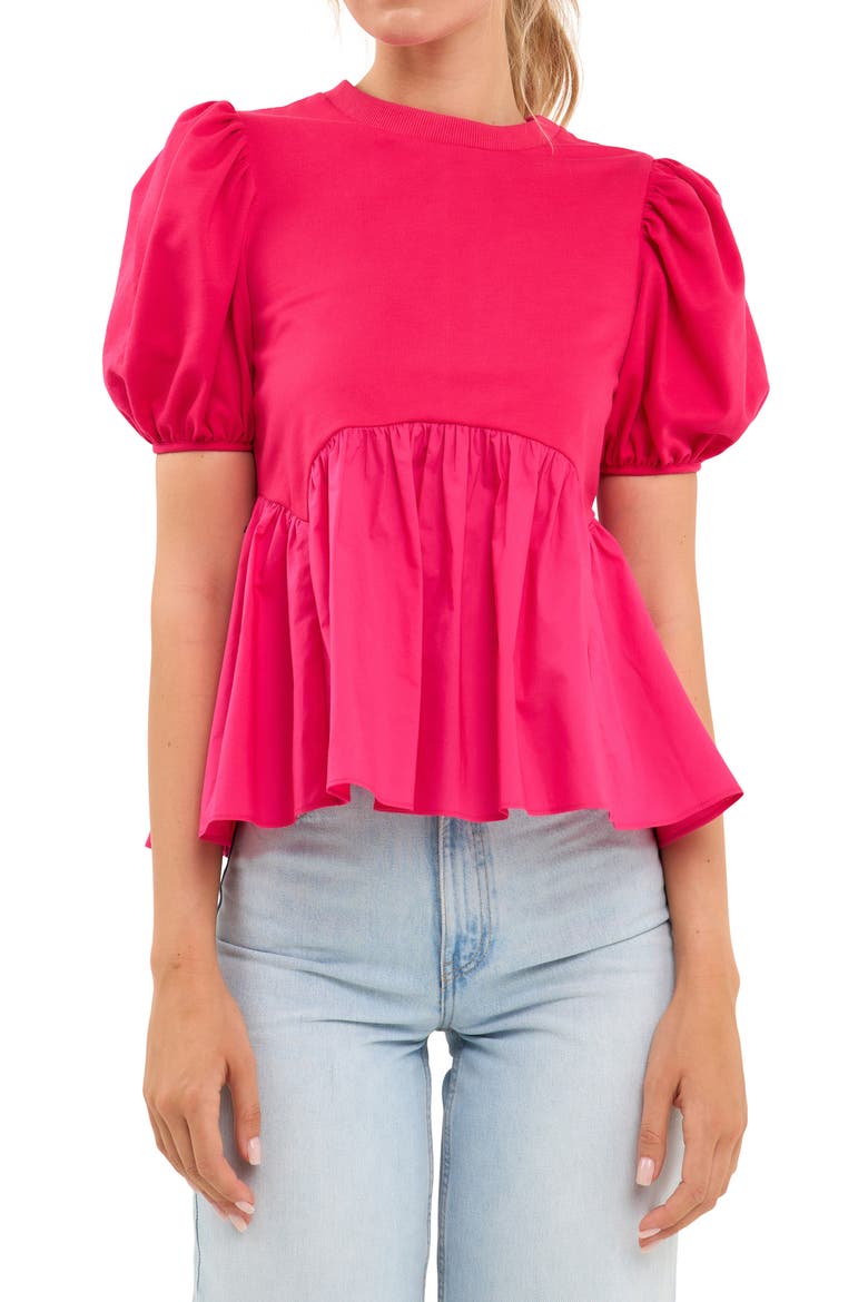 Mix Media Puff Sleeve Peplum Top, Alternate, color, FUCHSIA