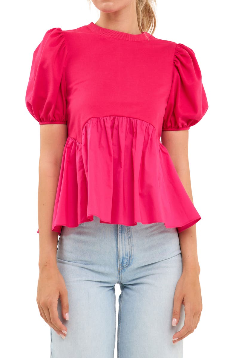 English Factory Mix Media Puff Sleeve Peplum Top, Alternate, color, Fuchsia