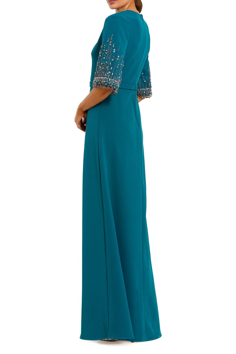 Women's Crepe A Line Gown With Beaded 3/4 Sleeves, Alternate, color, Ocean
