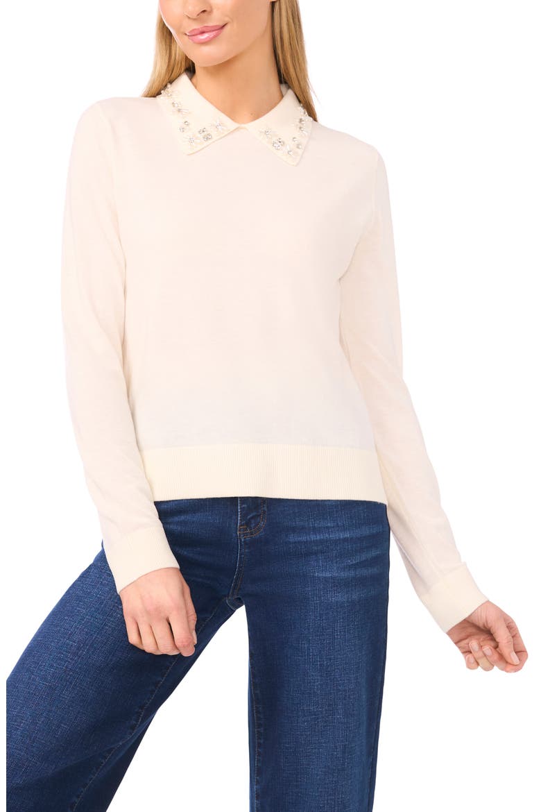 Embellished Collar Rib Sweater, Main, color, BUTTERCREAM