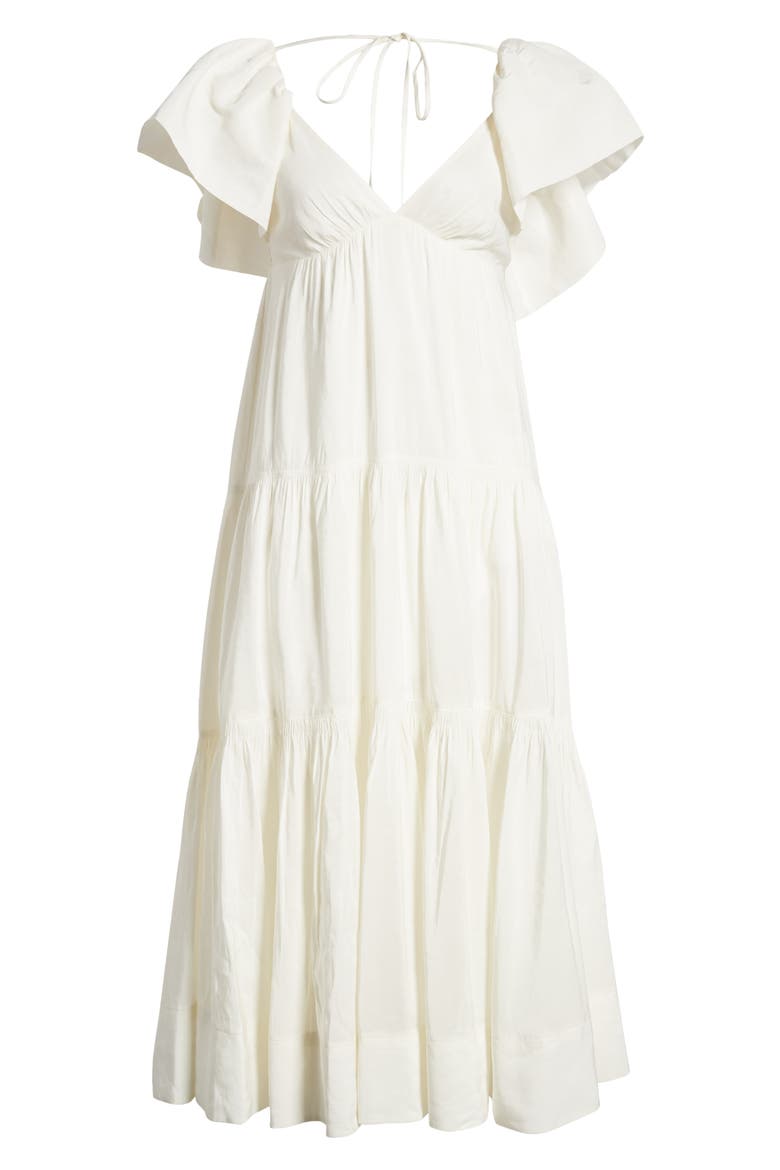 Ruffle Shoulder Open Back Linen Blend Midi Dress, Alternate, color, IVORY