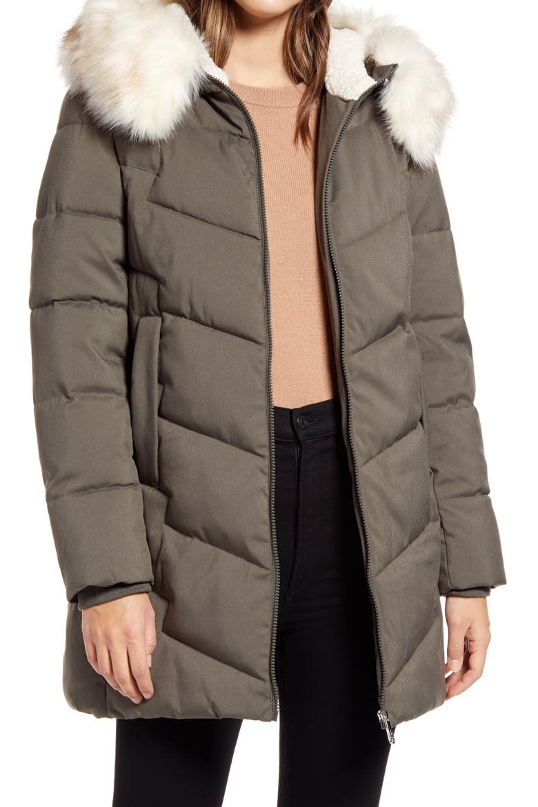 Faux Fur Trim Quilted Parka, Main, color, DARK MOSS