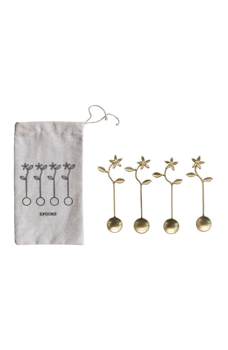 Storied Home 5.35 Stainless Steel and Brass Spoons for Kitchen with Flower Handles and Drawstring Bag, Set of 4, Main, color, 