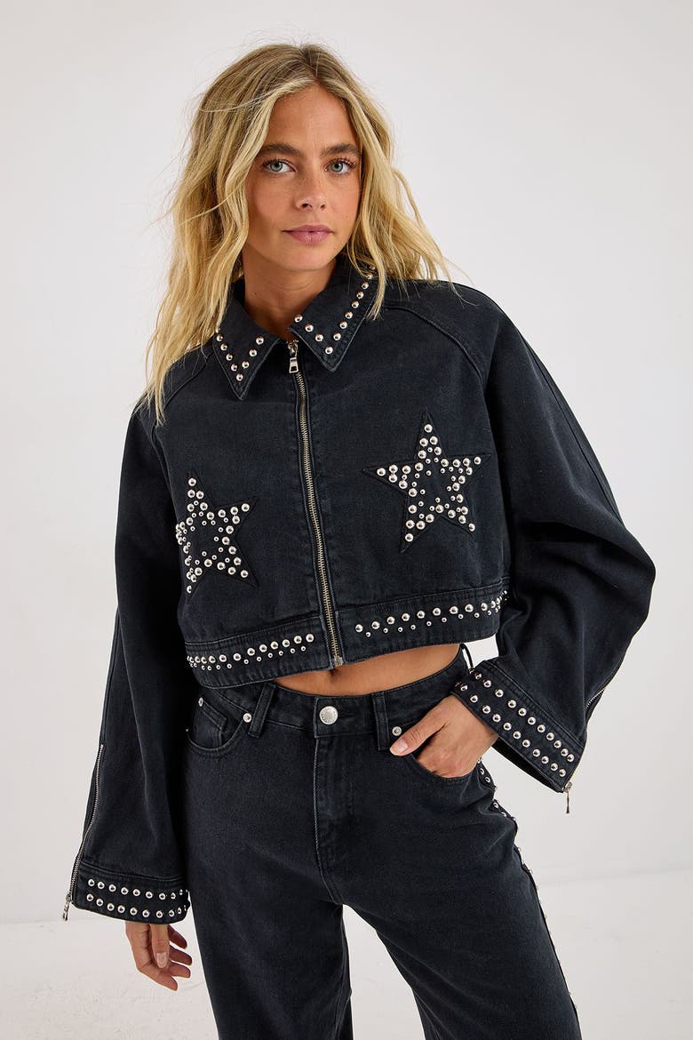 Studded Denim Jacket, Main, color, Washed Black