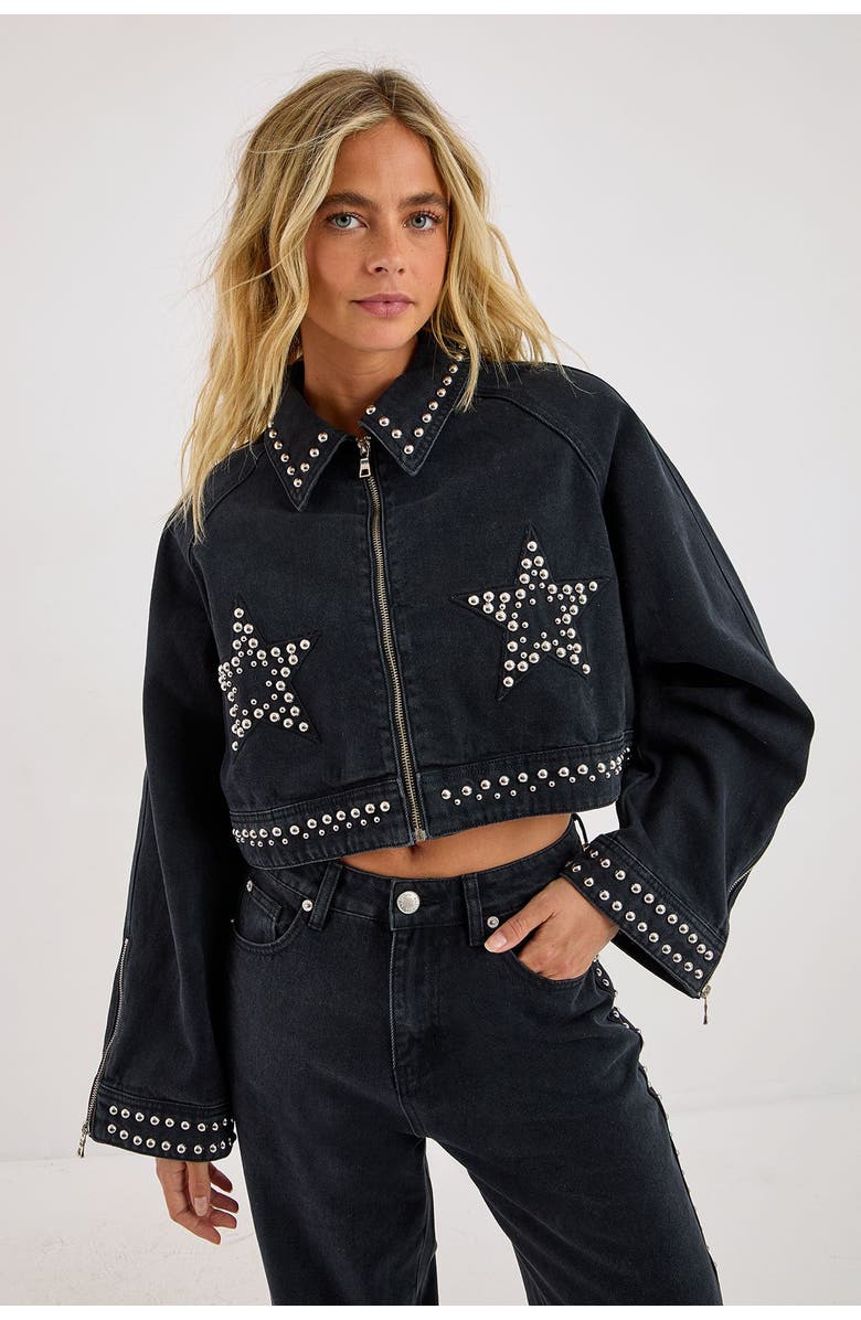 NASTY GAL Studded Denim Jacket, Main, color, Washed Black