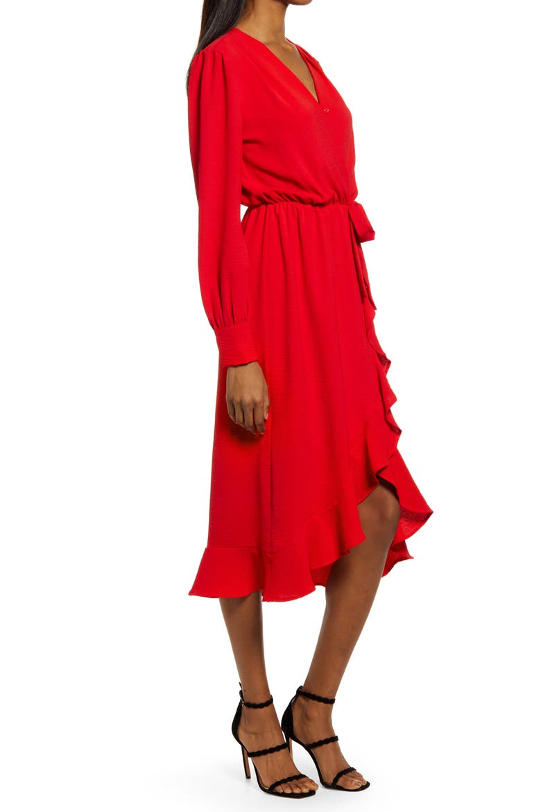 Faux Wrap Ruffle Long Sleeve Dress, Alternate, color, RED