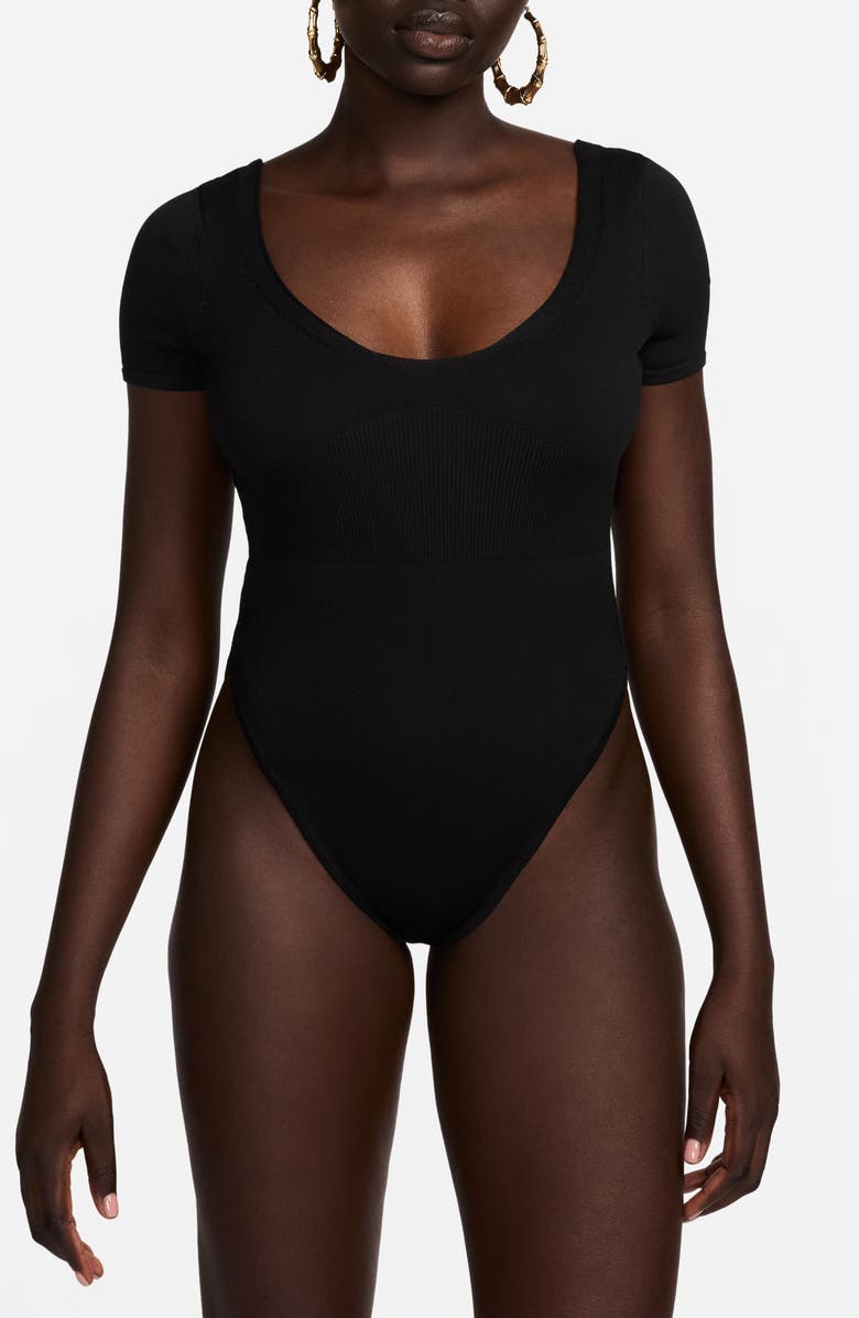 Nike Short Sleeve Rib Sweater Bodysuit, Alternate, color, Black/ Black/ Black