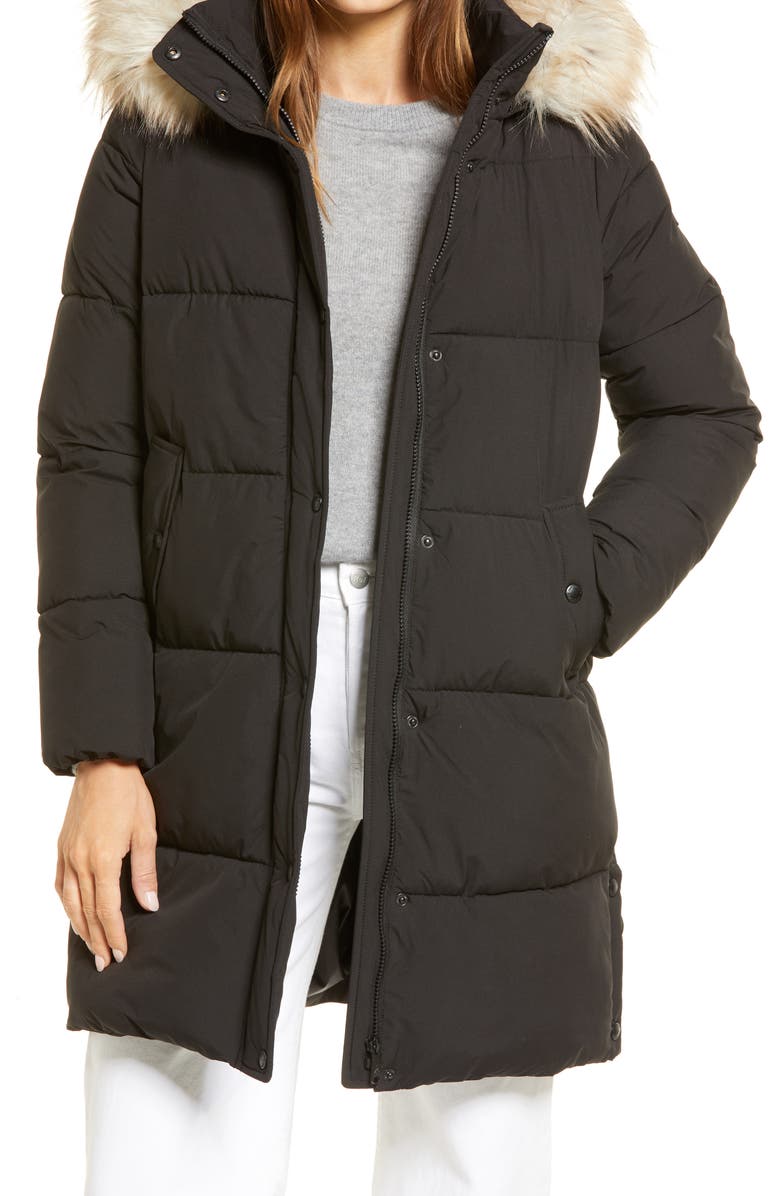 Sam Edelman Cocoon Faux Fur Trim Water Repellent Coat, Main, color, 