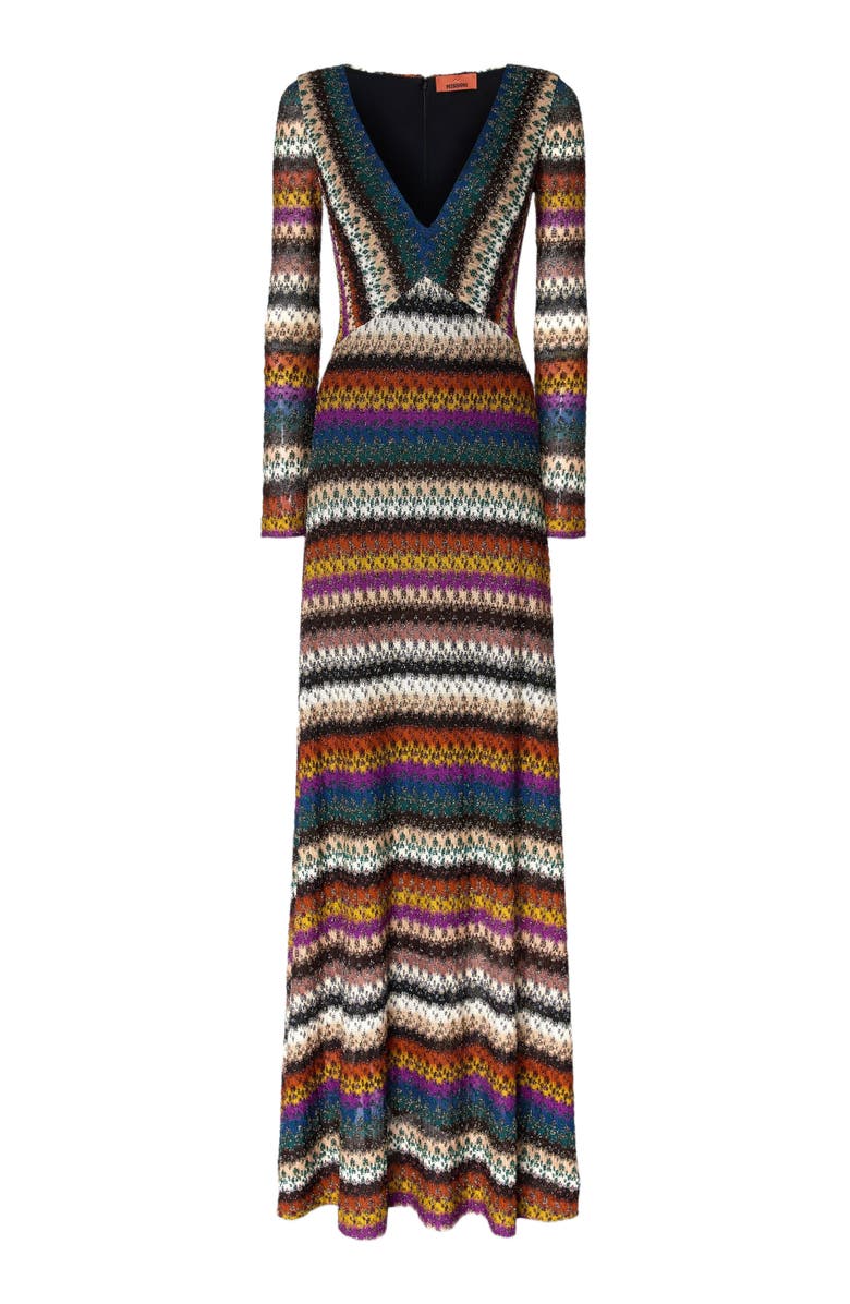Missoni Flared Long Dress With V-neck And Long Sleeves, Alternate, color, Multicoloured