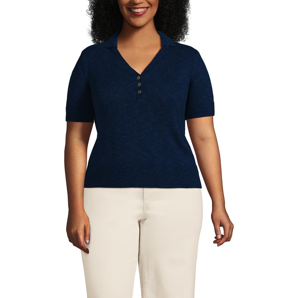 Lands' End Plus Size Cotton Blend Short Sleeve Polo Sweater In Blue