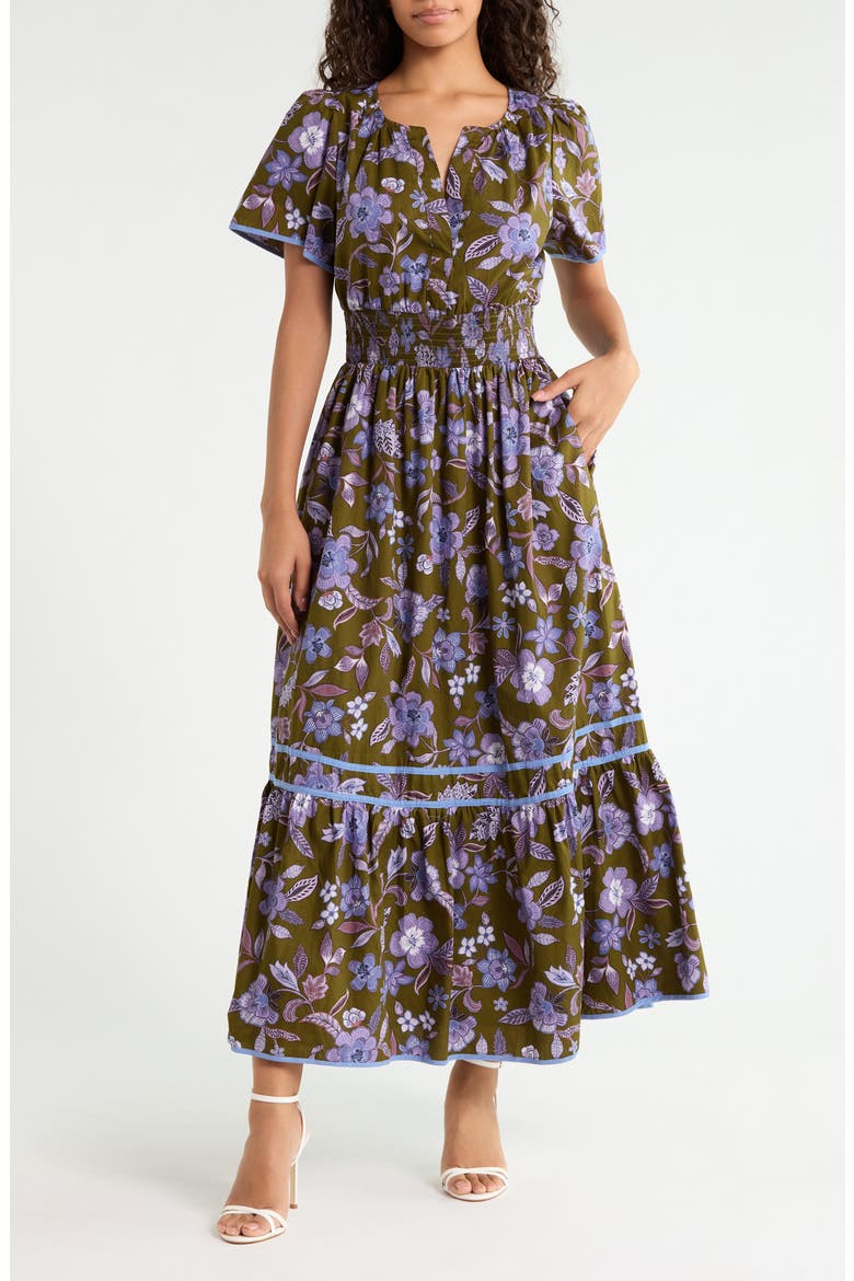 Orly Floral Smock Waist Cotton Maxi Dress, Main, color, OLIVE-LAVENDER