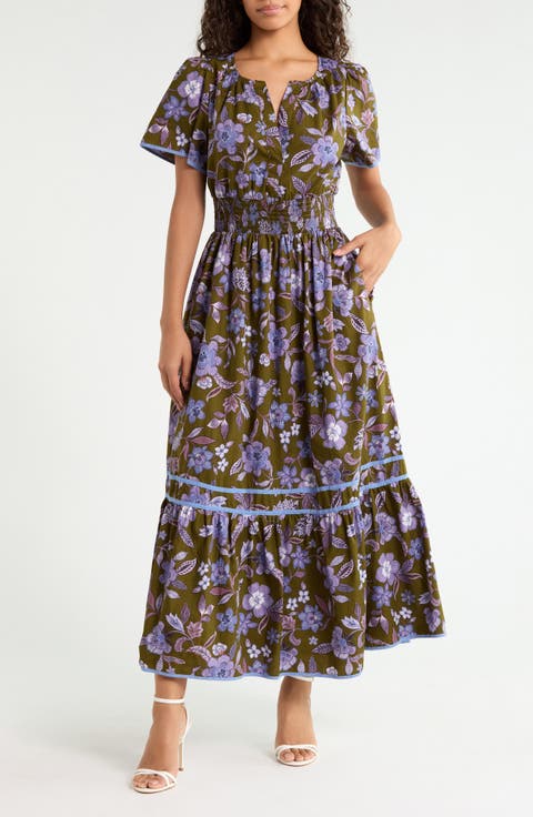 Orly Floral Smock Waist Cotton Maxi Dress