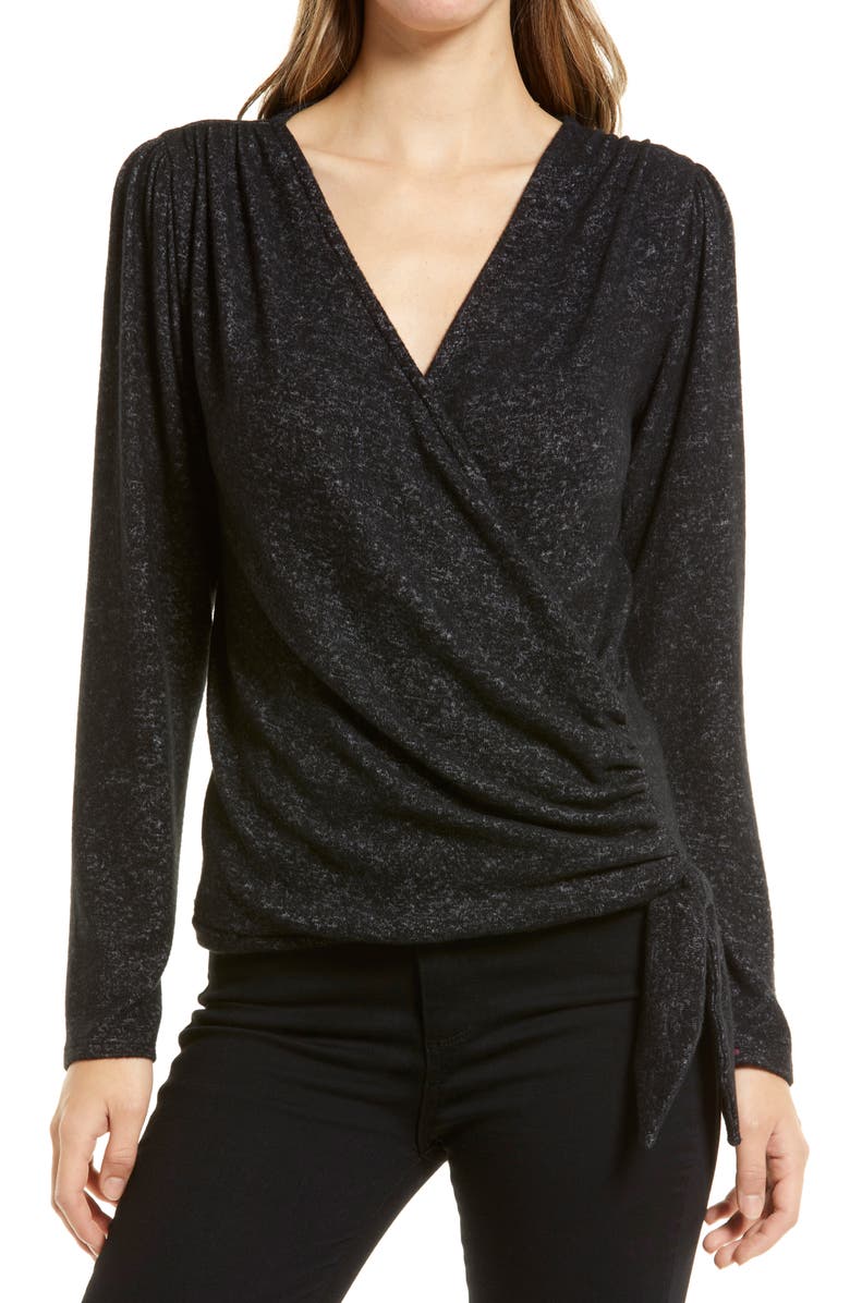 Loveappella Long Sleeve Faux Wrap Top, Main, color,