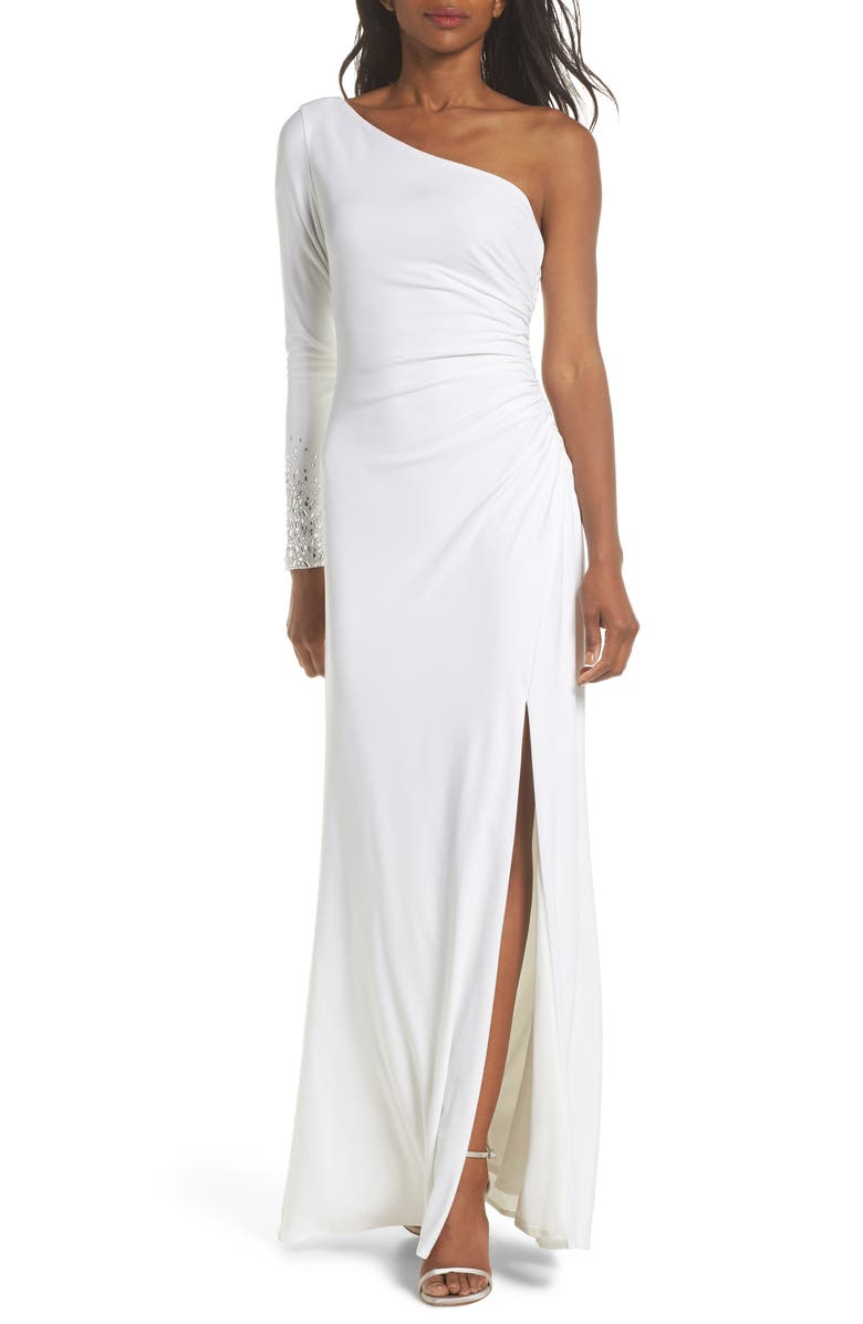 Vince Camuto One-Sleeve Side Ruched Evening Dress, Main, color,