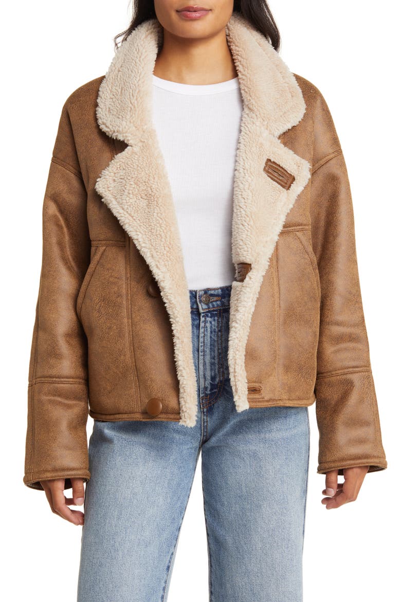 Faux Shearling Moto Jacket, Alternate, color, COGNAC