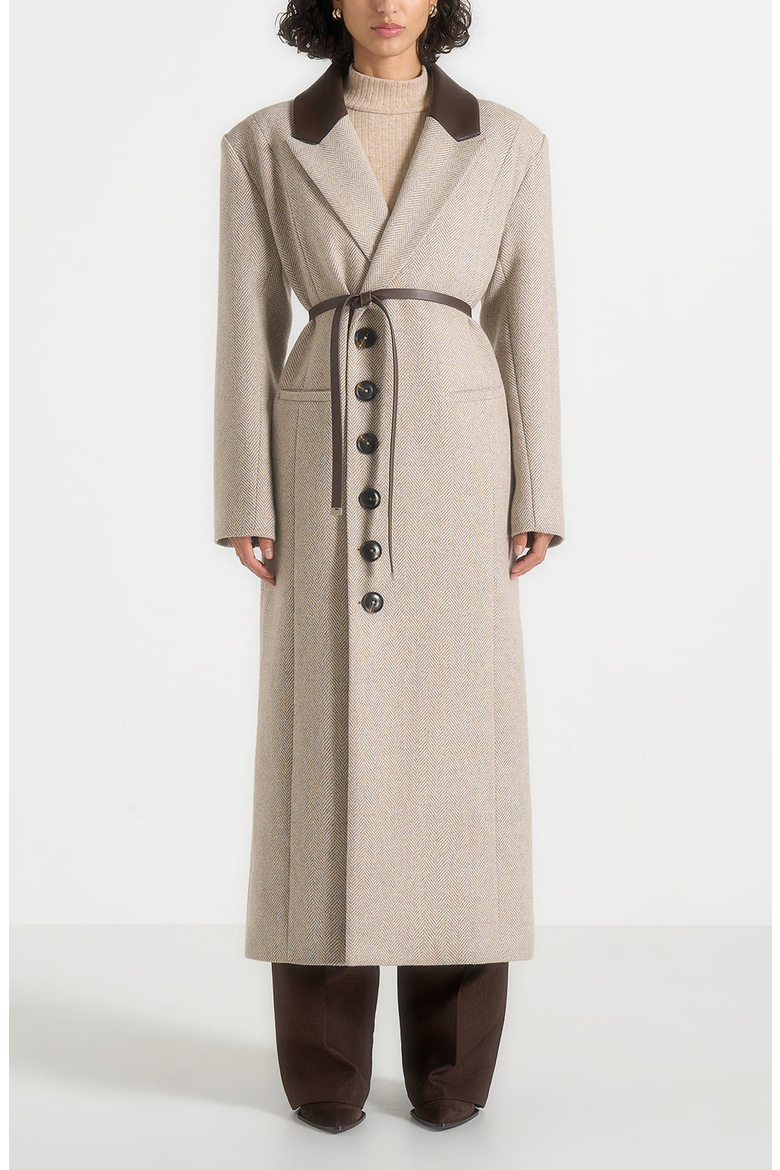 Anissa Herringbone Wool Oversized Coat with Leather Belt, Alternate, color, Beige