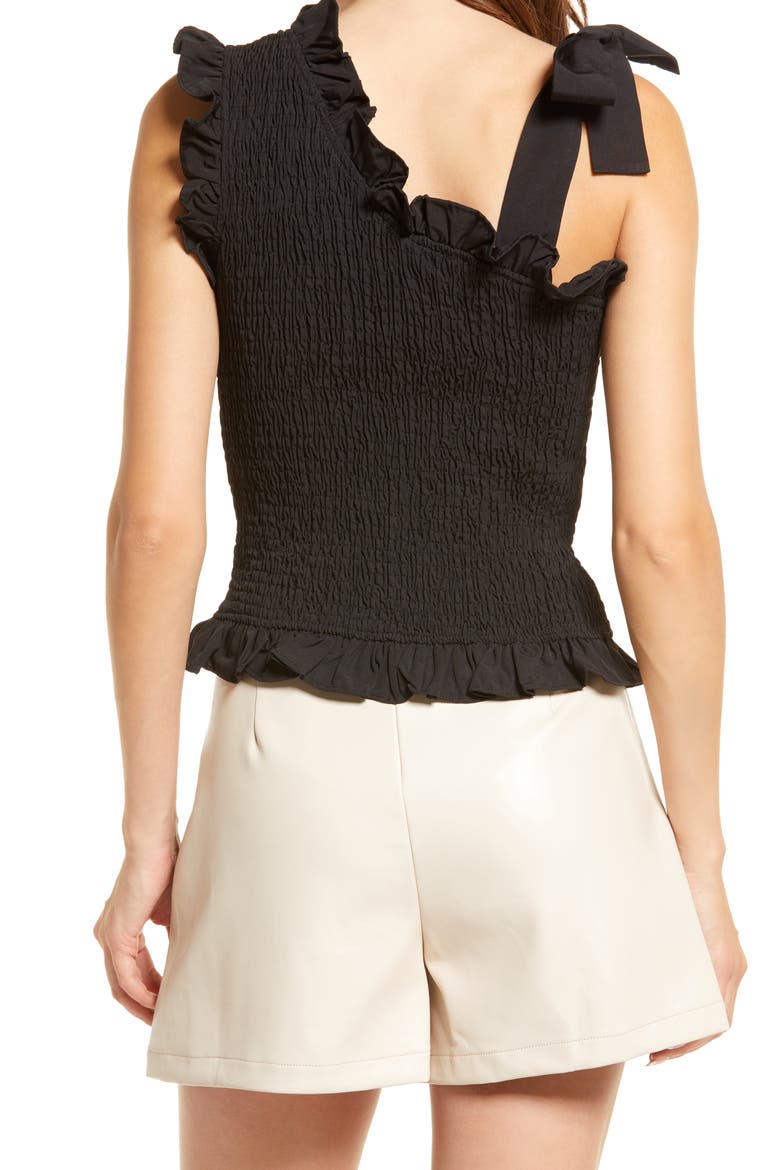 Shirred Asymmetrical Tie Shoulder Top, Alternate, color, BLACK