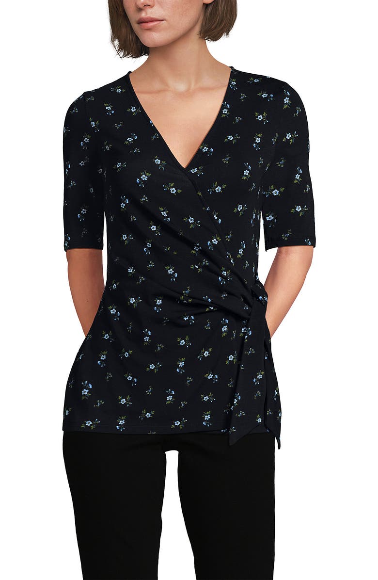 Lands' End Elbow Sleeve Lightweight Jersey Side Tie Blouse, Alternate, color, Black/Cobalt Tiny Floral