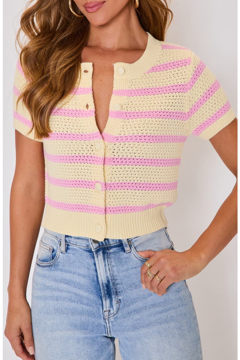 Jessica Stripe Open Stitch Short Sleeve Cardigan, Main, color, YELLOW/PINK