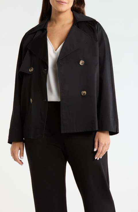 Double Breasted Sateen Trench Coat (Plus)