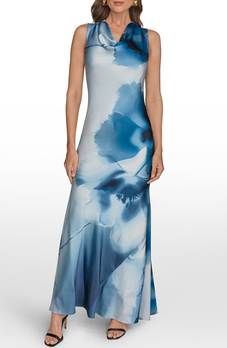 Donna Karan New York Printed Cowl Neck Gown, Main, color, Washed Indigo