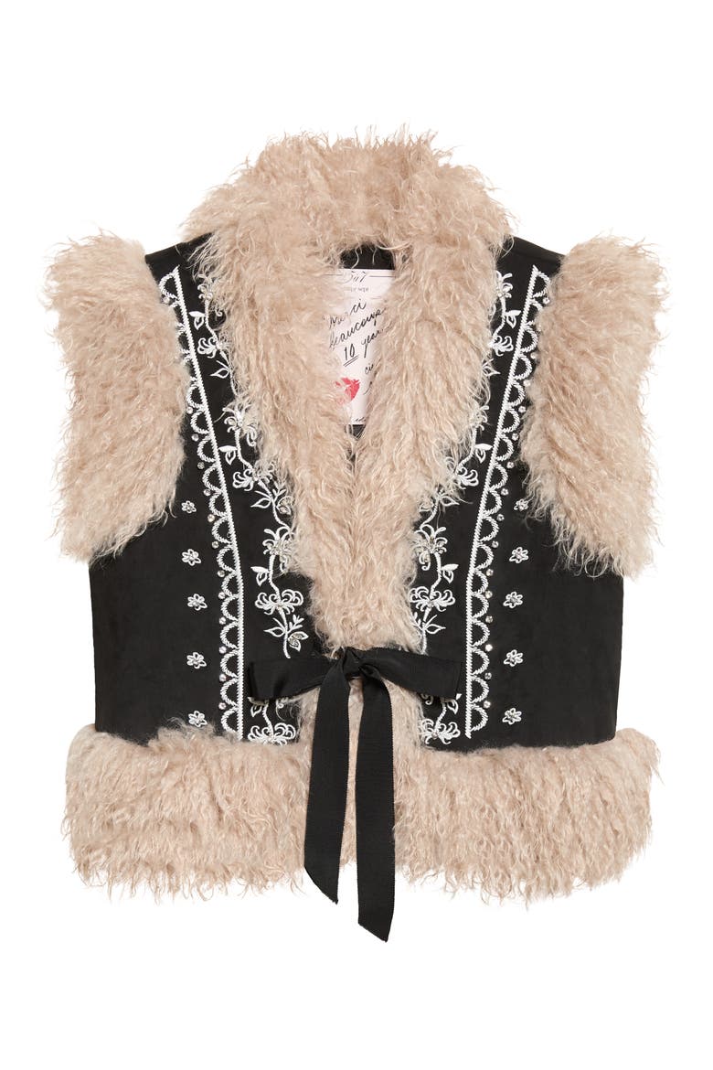 Amaranthe Faux Fur Trim Embroidered Vest, Alternate, color, BLACK/ DARK GARDENIA