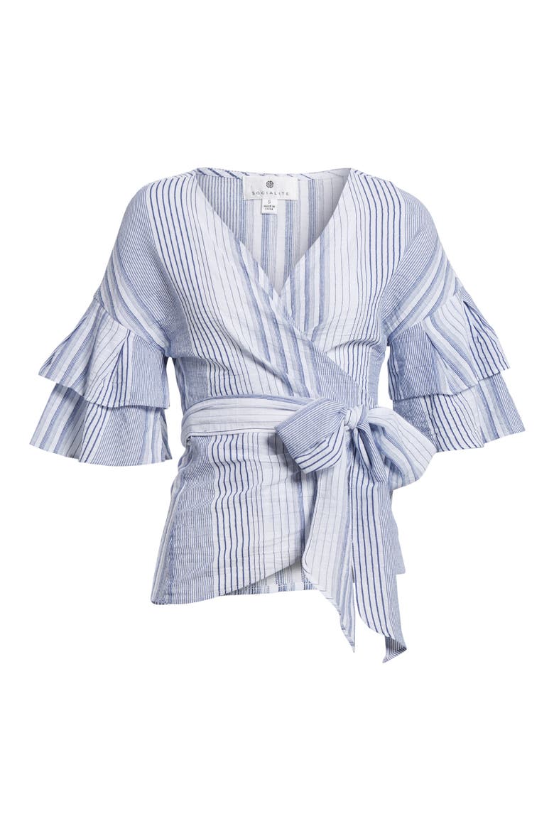Tier Sleeve Wrap Top, Alternate, color, NAVY/ WHITE
