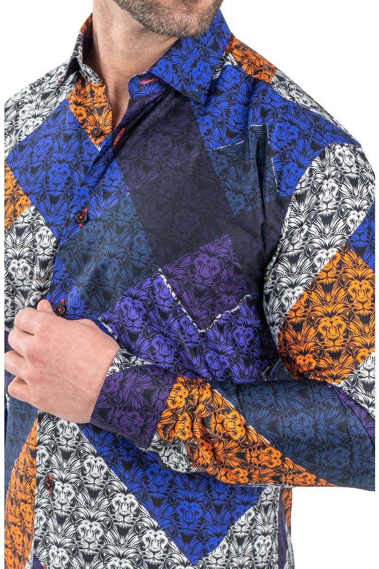 Fibonacci Lion Print Contemporary Fit Button-Up Shirt, Alternate, color, BLACK