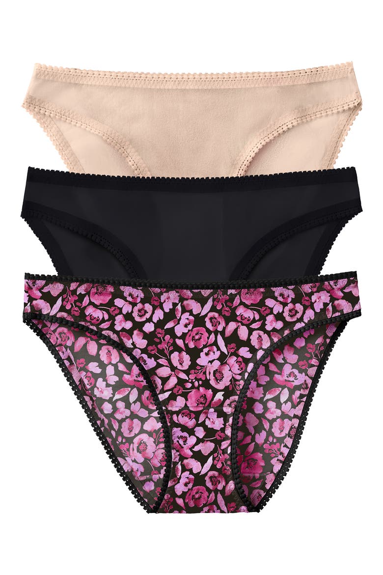3-Pack Mesh Hip Bikinis, Main, color, MOODY FLORAL/ BLACK/ CHAMPAGNE