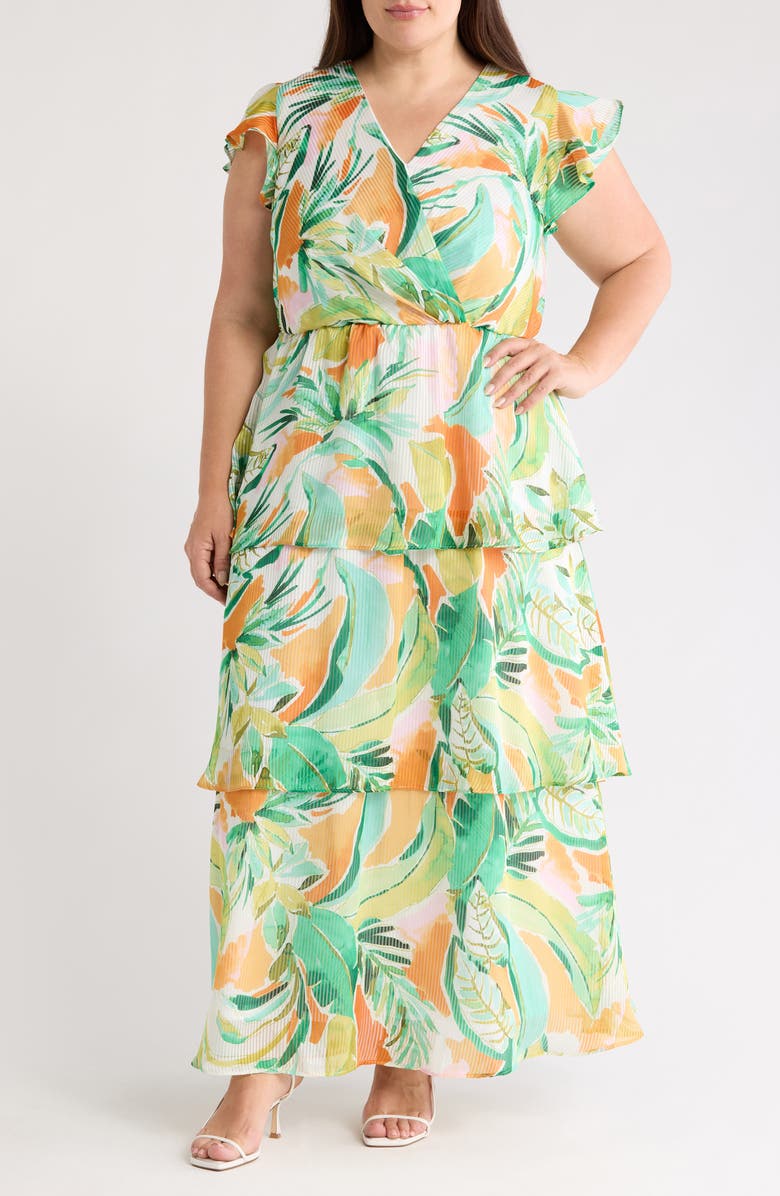 Julia Jordan Flutter Sleeve Tiered Maxi Dress, Main, color, Green Multi