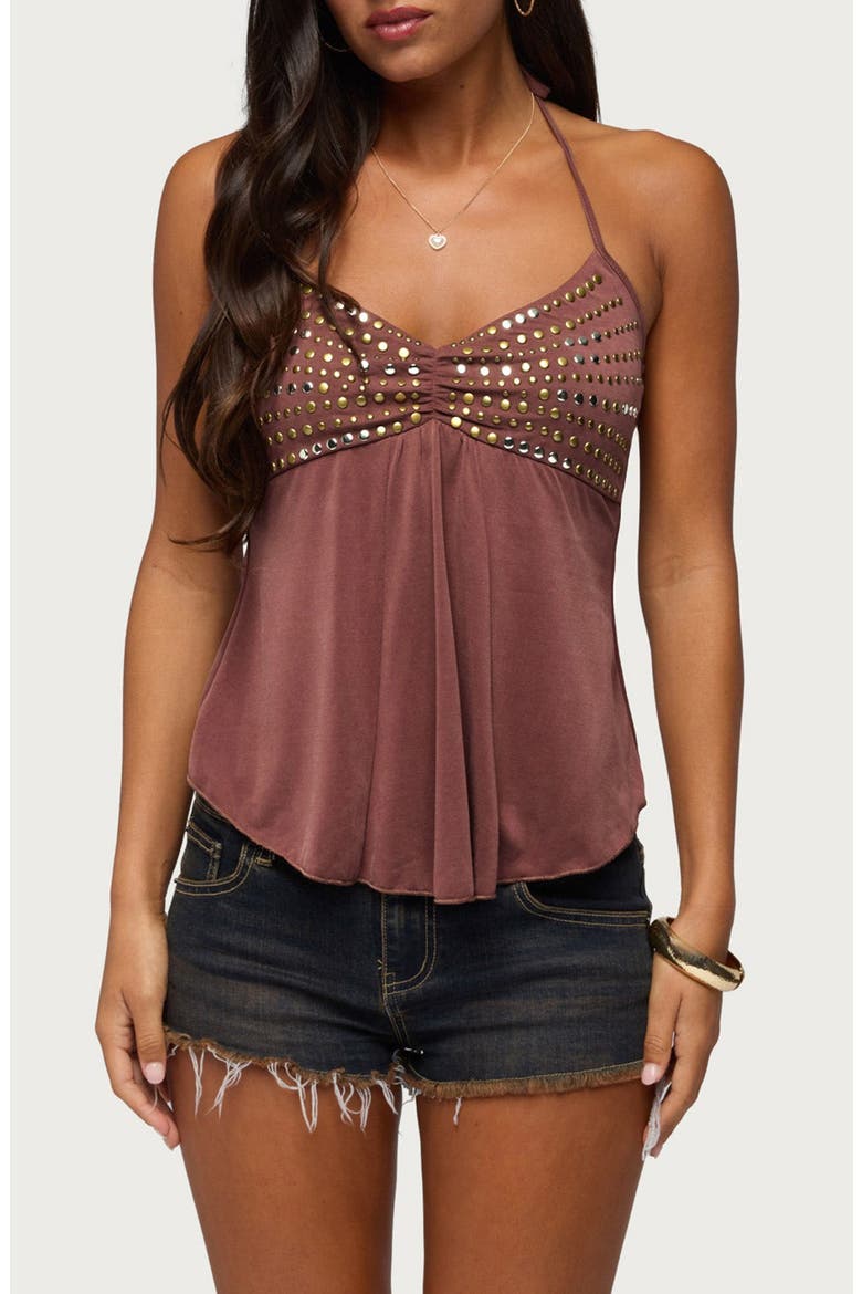 Ivana Studded Halter Top, Main, color, BROWN