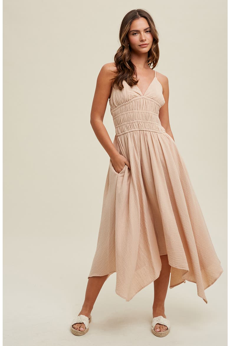 Smocked Handkerchief Hem Midi Dress, Alternate, color, NATURAL