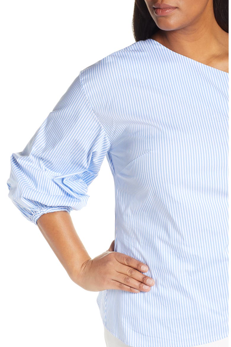 Jason Wu x ELOQUII One-Shoulder Puff Sleeve Blouse, Alternate, color, BLUE/ WHITE