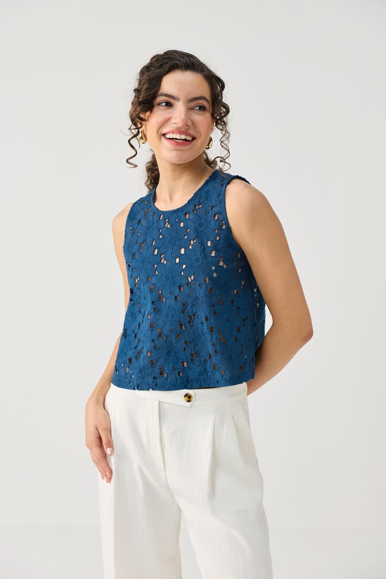 Embroidered Button-Back Top, Alternate, color, Embroidered Cotton Blue